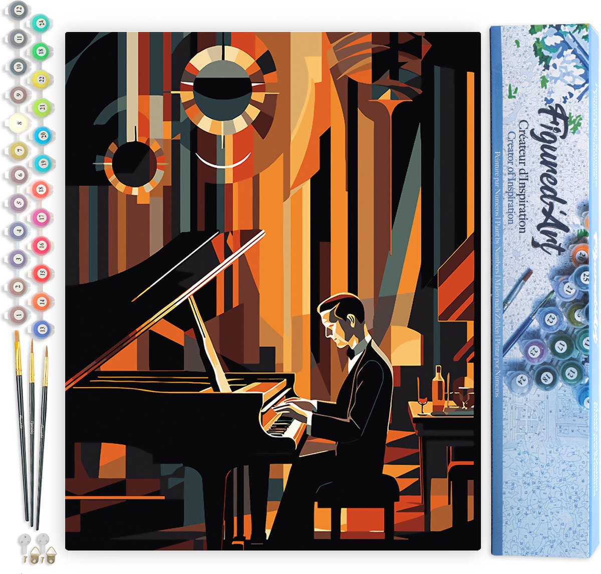 FiguredArt Schilderen op Nummer Volwassenen canvas Art Deco Man aan een Piano- Handwerk acrylverf Kit DIY Compleet - 40x50cm zonder frame